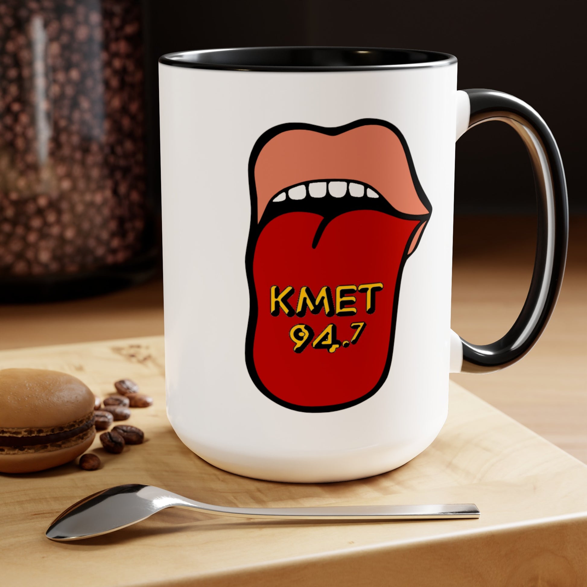 KMET Coffee Mug - Double Sided Black Accent White Ceramic 15oz by TheGlassyLass.com