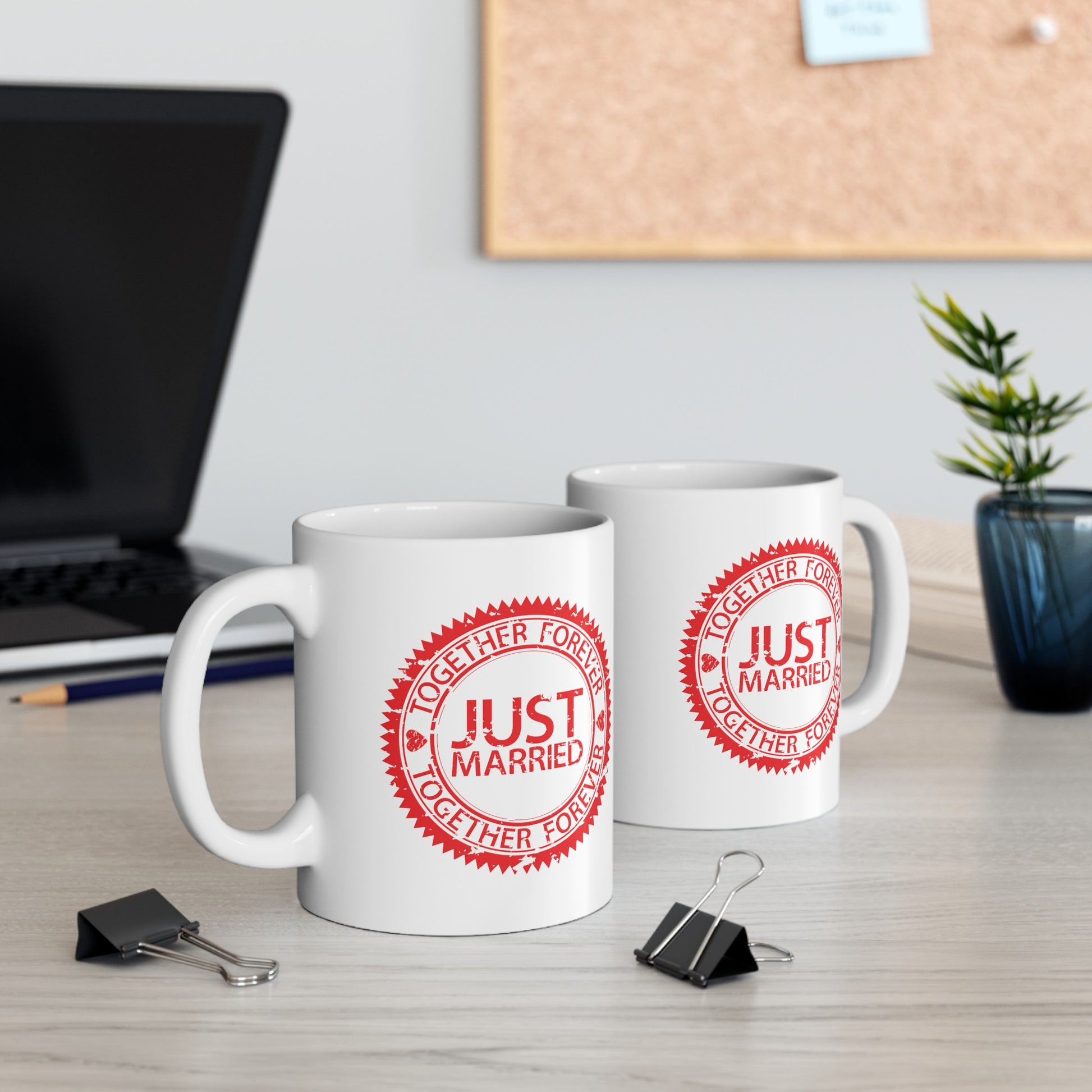 Just Married Coffee Mug - Double Sided White Ceramic 11oz by TheGlassyLass.com