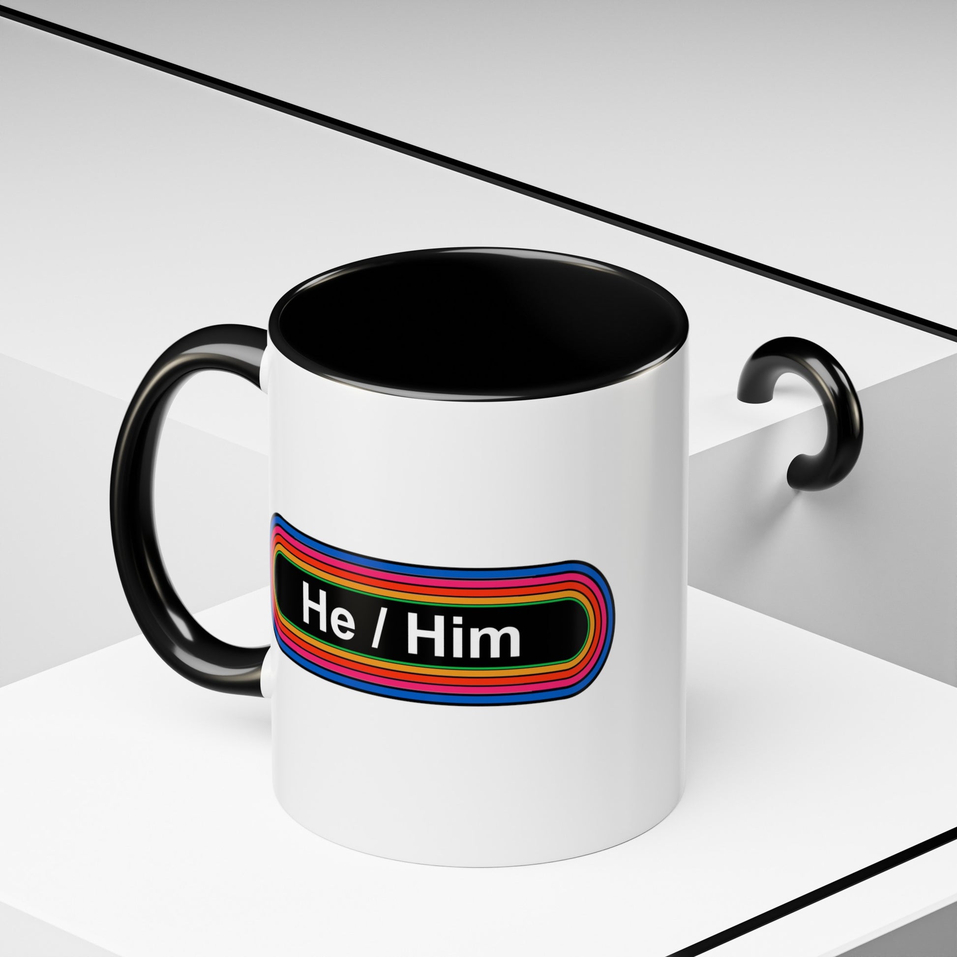 Rainbow He / Him Pronouns Coffee Mug - Double Sided Black Accent Ceramic 11oz - by TheGlassyLass.com