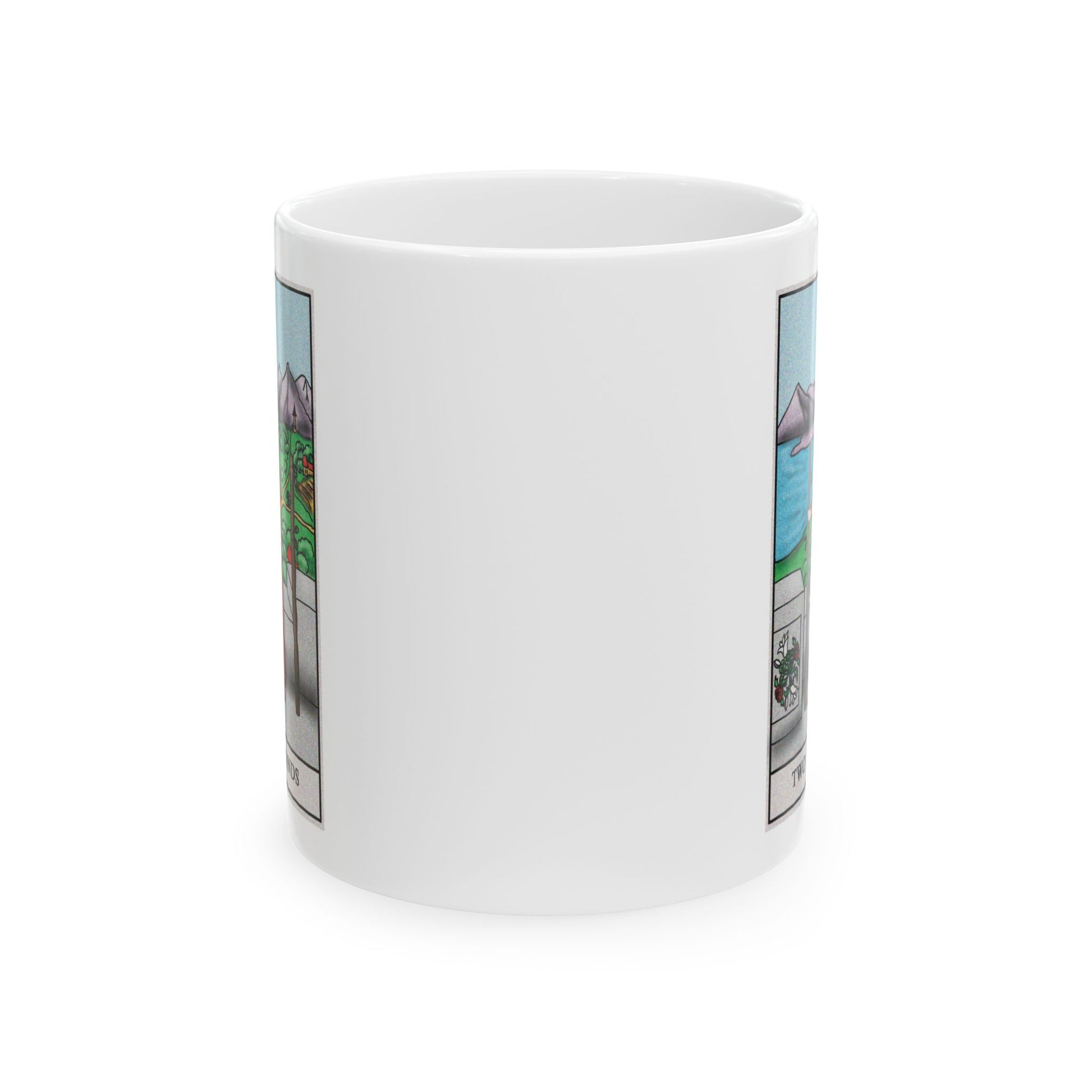 Two of Wands Tarot Card Coffee Mug - Double Sided Print, White Ceramic, 11oz by TheGlassyLass.com