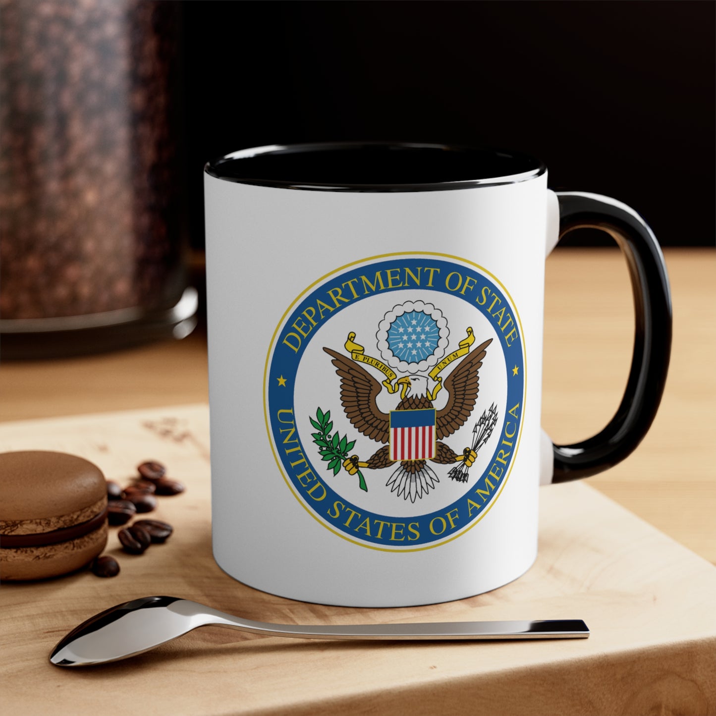 Department of State Coffee Mug - Double Sided Black Accent White Ceramic 11oz by TheGlassyLass.com
