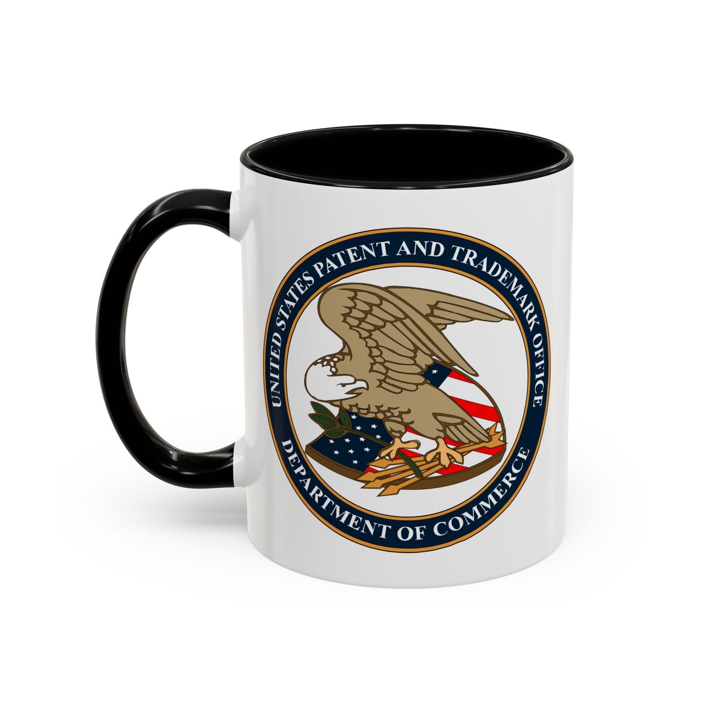 United States Patent &amp; Trademark Office Coffee Mug - Double Sided Print, Black Accent White Ceramic, 11oz by TheGlassyLass.com