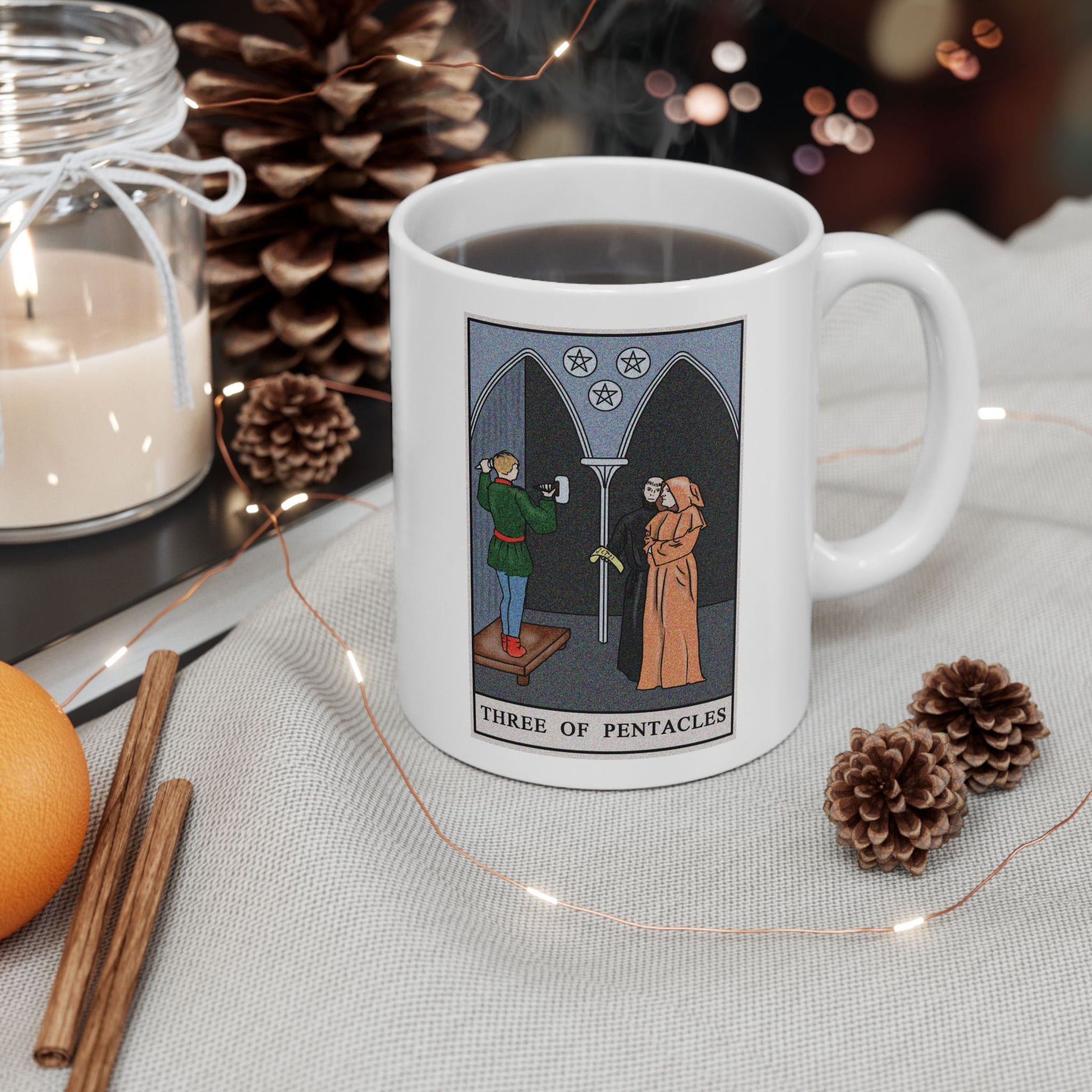 Three of Pentacles Tarot Card Coffee Mug - Double Sided Print, White Ceramic, 11oz by TheGlassyLass.com
