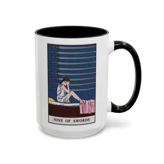 Nine of Swords Tarot Card Coffee Mug - Double Sided Black Accent White Ceramic 15oz by TheGlassyLass.com