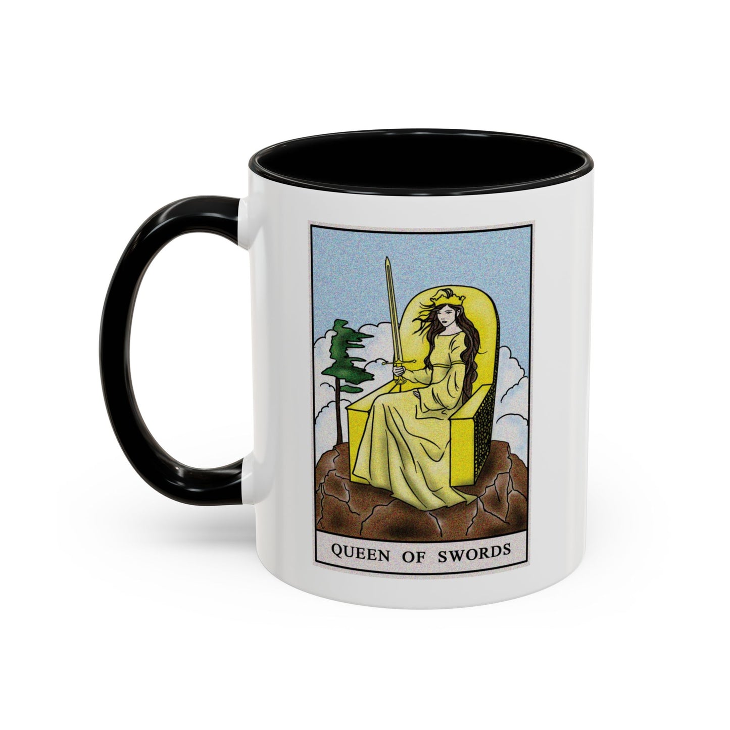 Queen of Swords Tarot Card Coffee Mug - Double Sided Print, Black Accent White Ceramic, 11oz by TheGlassyLass.com