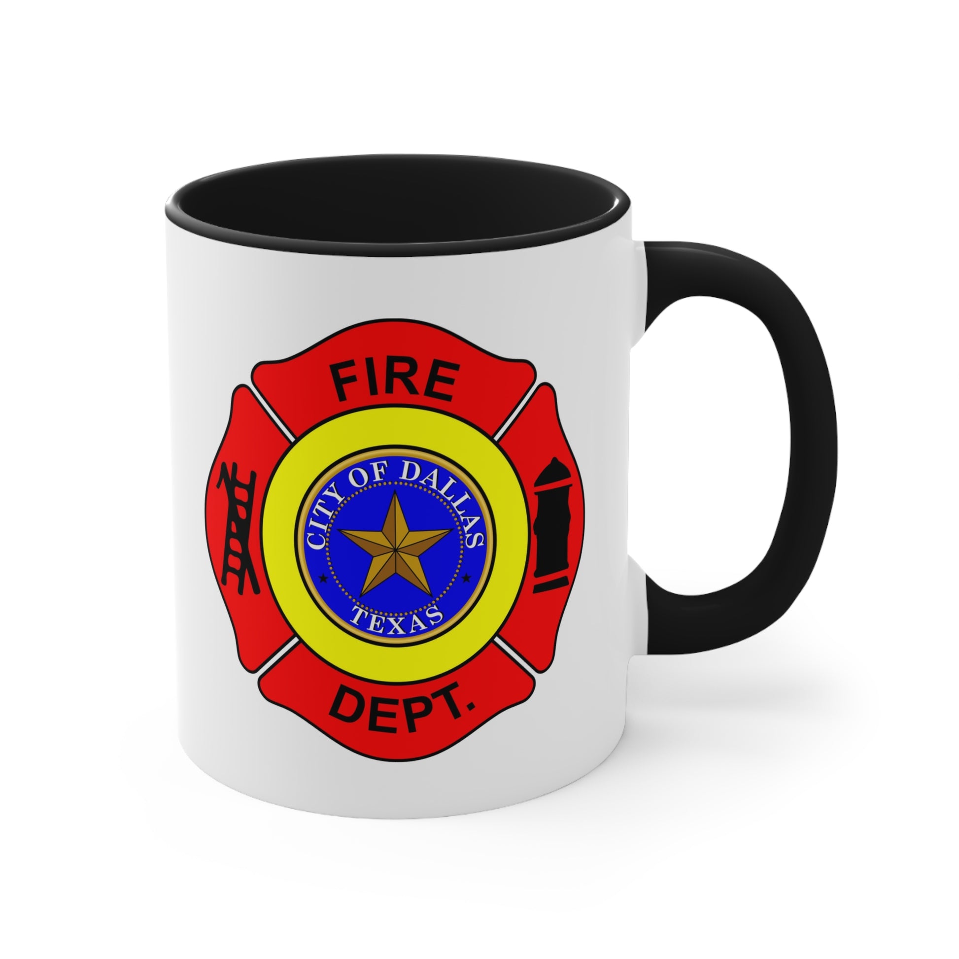 Dallas Fire Department Coffee Mug - Double Sided Print Black Accent White Ceramic 11oz by TheGlassyLass.com