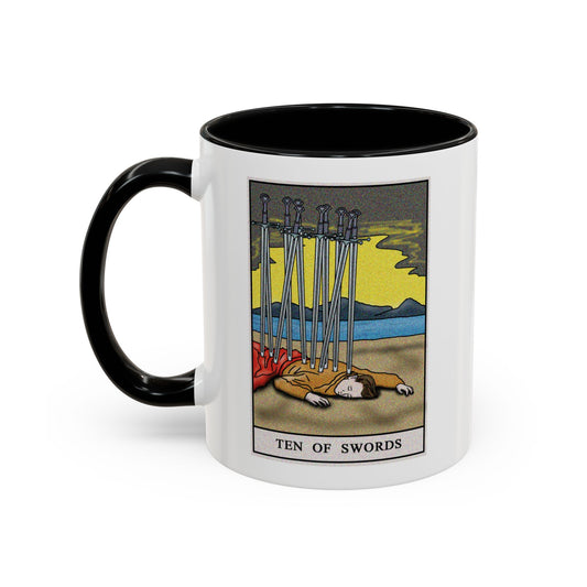 Ten of Swords Tarot Card Coffee Mug - Double Sided Print, Black Accent White Ceramic, 11oz by TheGlassyLass.com