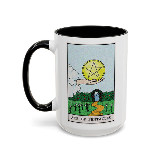 Ace of Pentacles Tarot Card Coffee Mug - Double Sided Black Accent White Ceramic 15oz by TheGlassyLass.com
