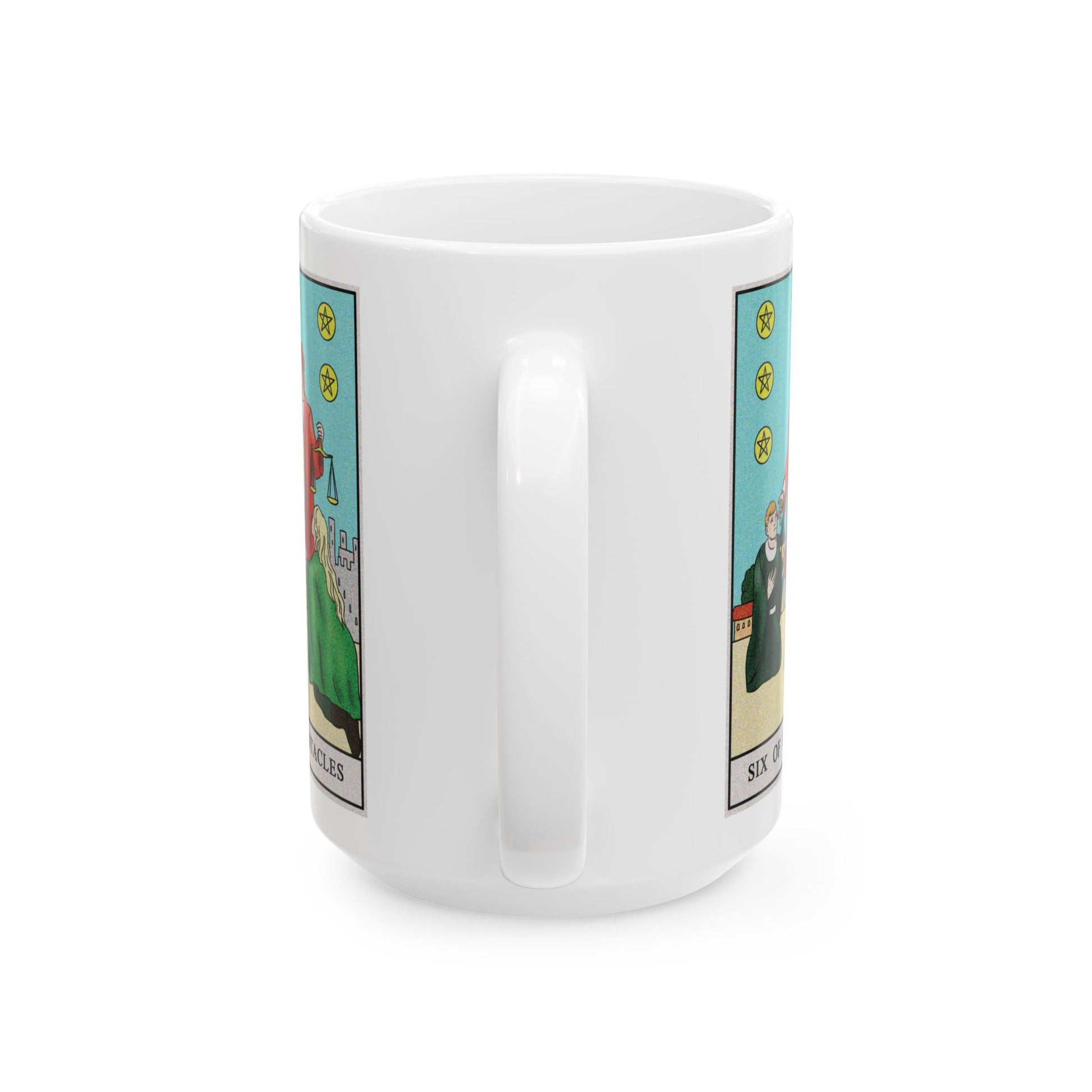 Six of Pentacles Tarot Card Coffee Mug - Double Sided White Ceramic 15oz by TheGlassyLass.com