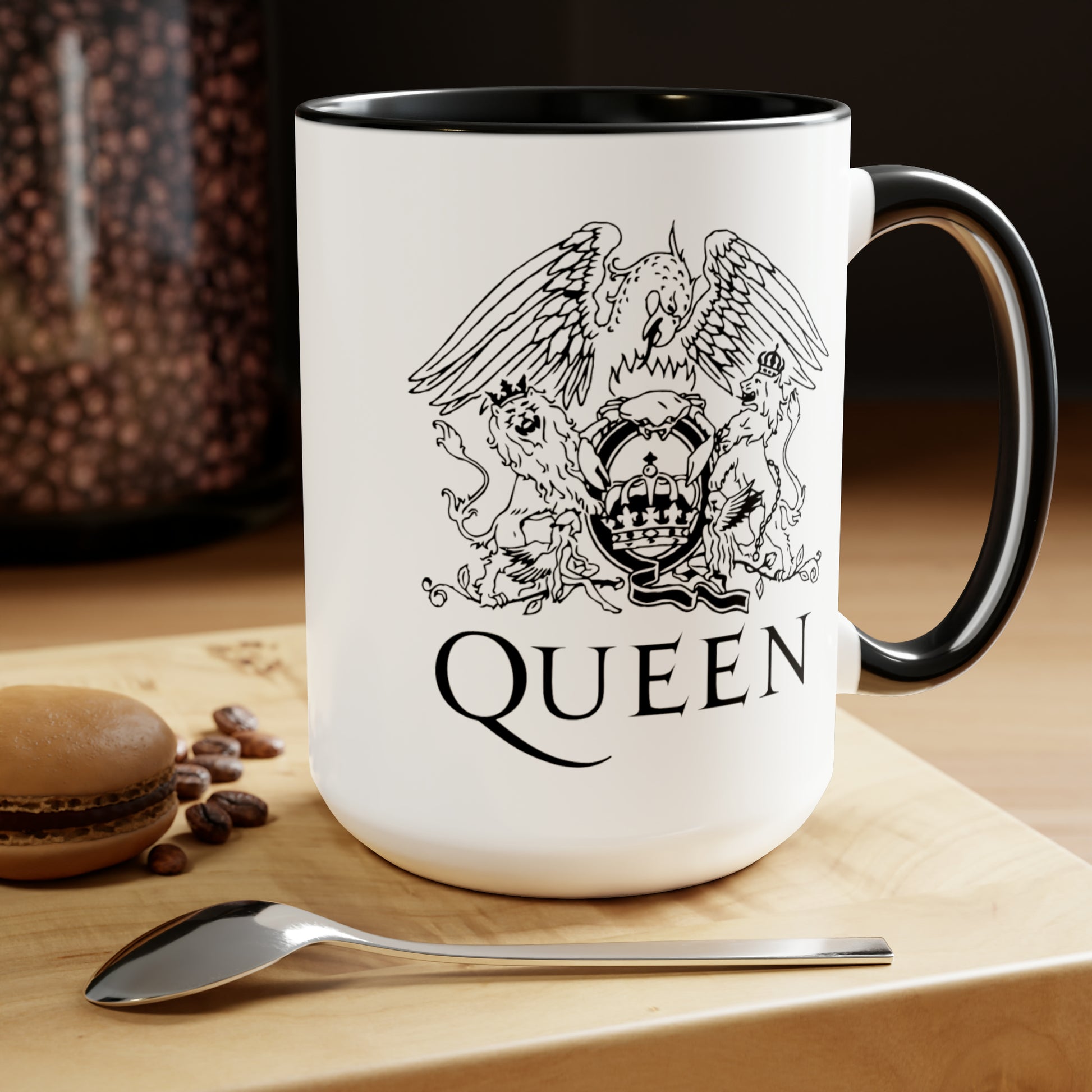 Queen Coffee Mugs - Double Sided Black Accent White Ceramic 15oz by TheGlassyLass
