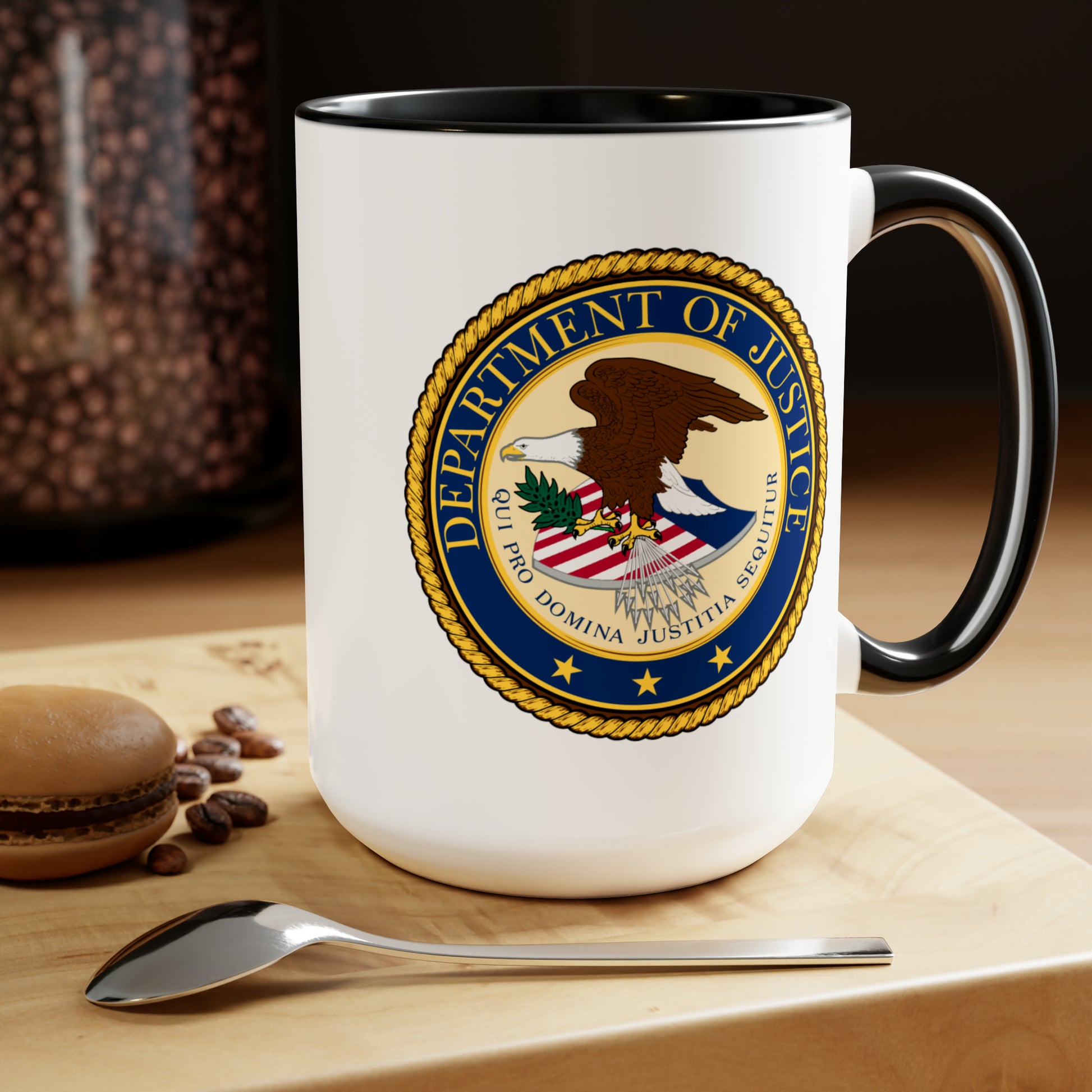 Department of Justice Coffee Mug - Double Sided Black Accent White Ceramic 15oz by TheGlassyLass