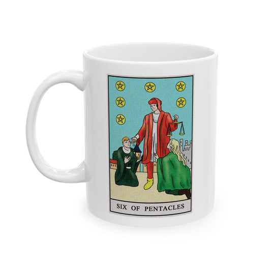 Six of Pentacles Tarot Card Coffee Mug - Double Sided Print, White Ceramic, 11oz by TheGlassyLass.com