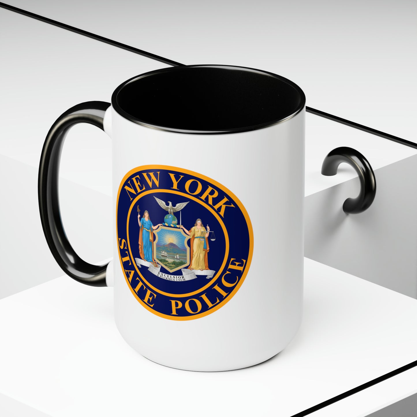 New York State Police Coffee Mug - Double Sided Black Accent White Ceramic 15oz by TheGlassyLass