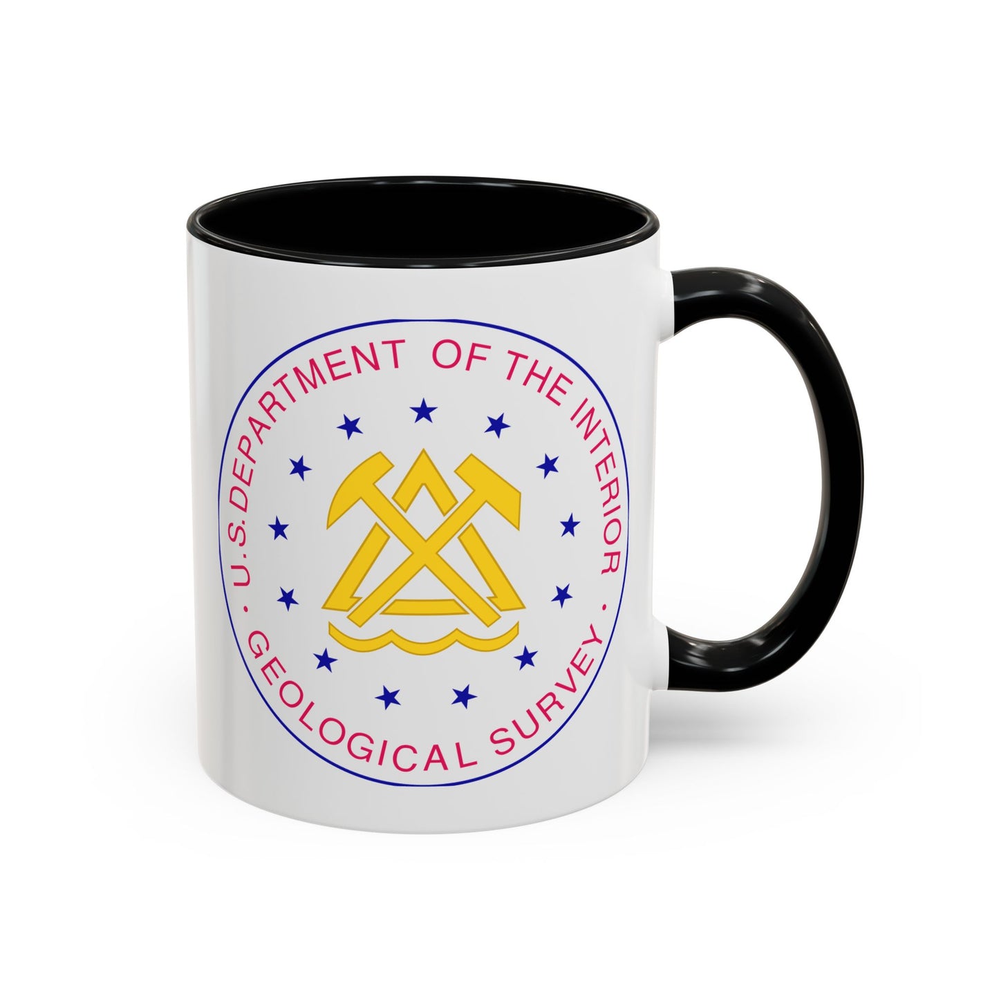 US Department of the Interior Geological Survey Coffee Mug - Double Sided Print, Black Accent White Ceramic, 11oz by TheGlassyLass.com