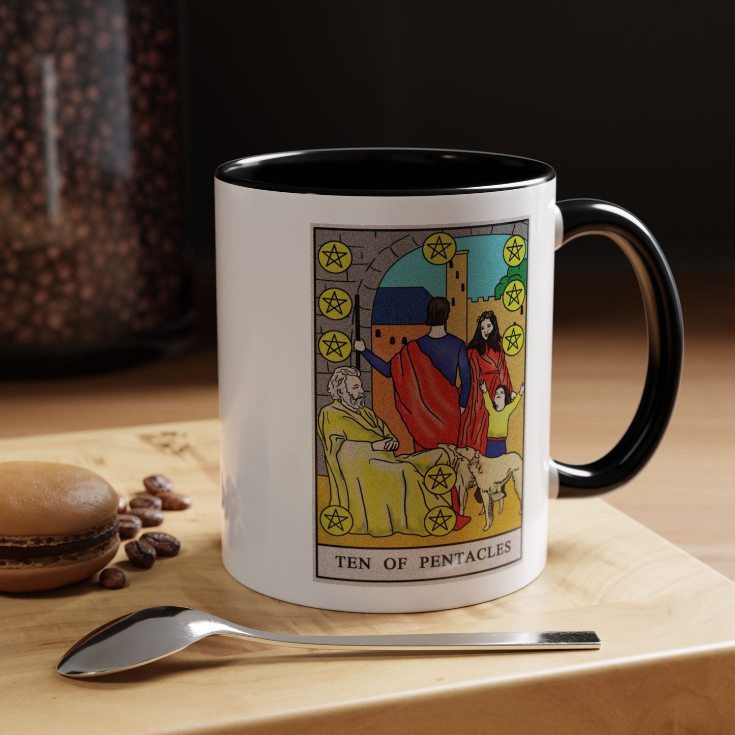 Ten of Pentacles Tarot Card Coffee Mug - Double Sided Print, Black Accent White Ceramic, 11oz by TheGlassyLass.com