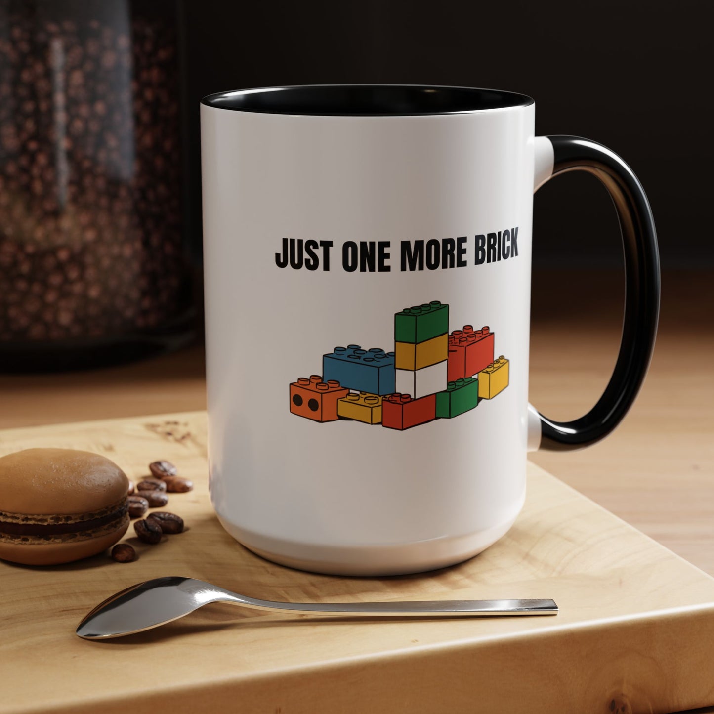 LEGO Just One More Brick Coffee Mug - Double Sided Black Accent White Ceramic 15oz by TheGlassyLass.com