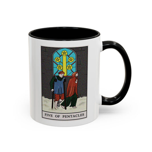 Five of Pentacles Tarot Card Coffee Mug - Double Sided Print, Black Accent White Ceramic, 11oz by TheGlassyLass.com