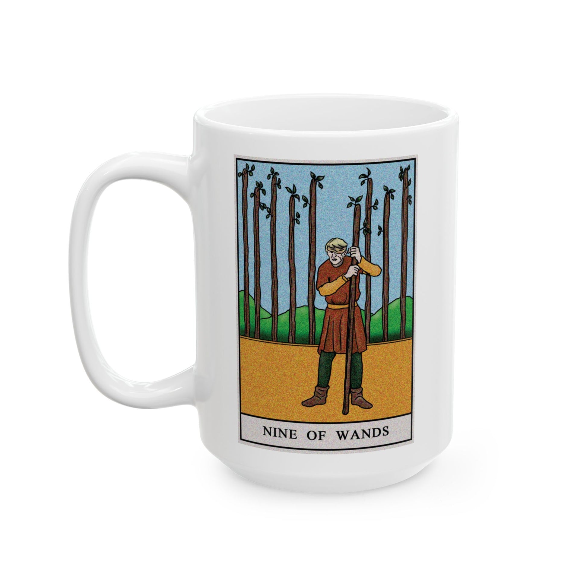 Nine of Wands Tarot Card Coffee Mug - Double Sided White Ceramic 15oz by TheGlassyLass.com