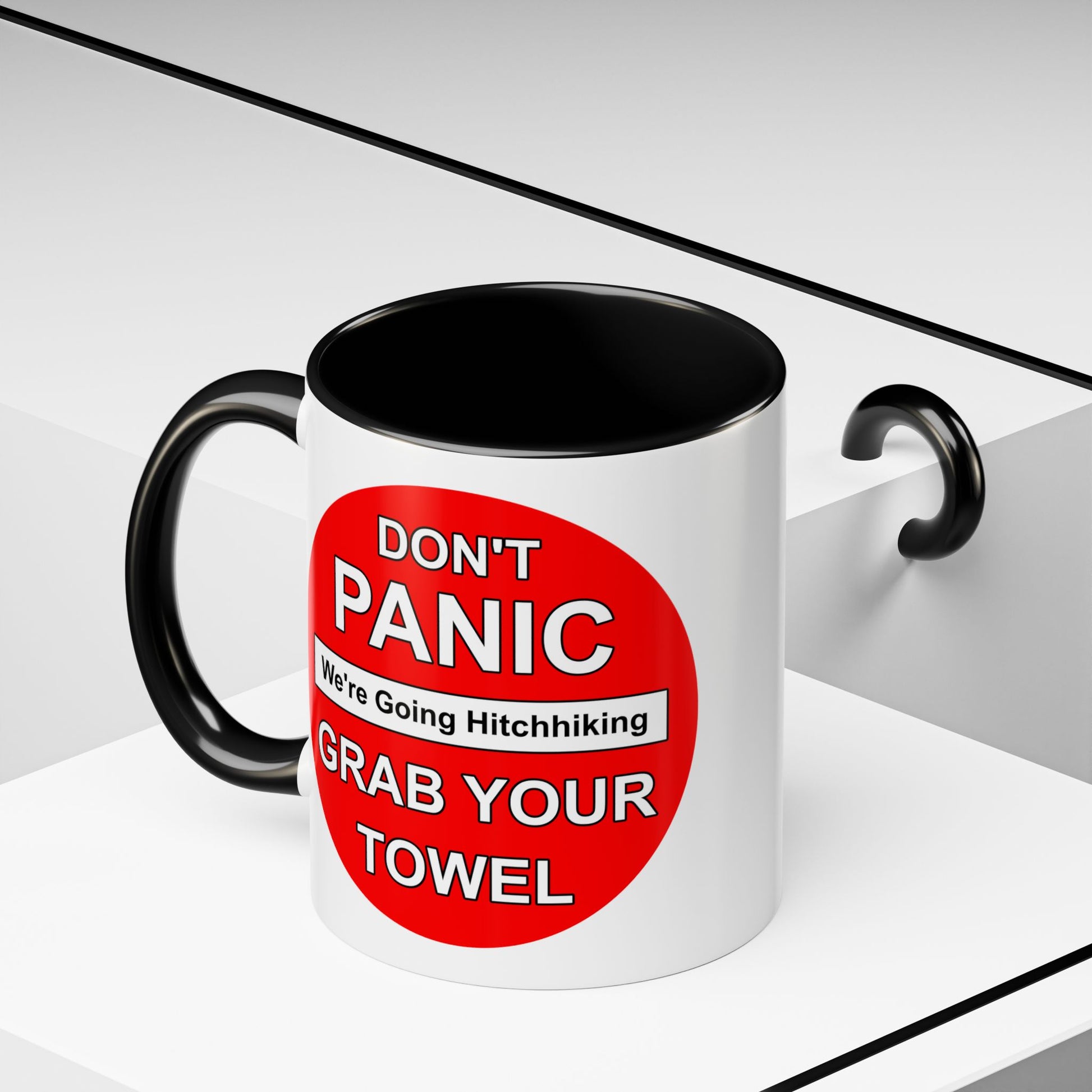 Don't Panic Coffee Mug - Double Sided Black Accent White Ceramic 11oz by TheGlassyLass.com