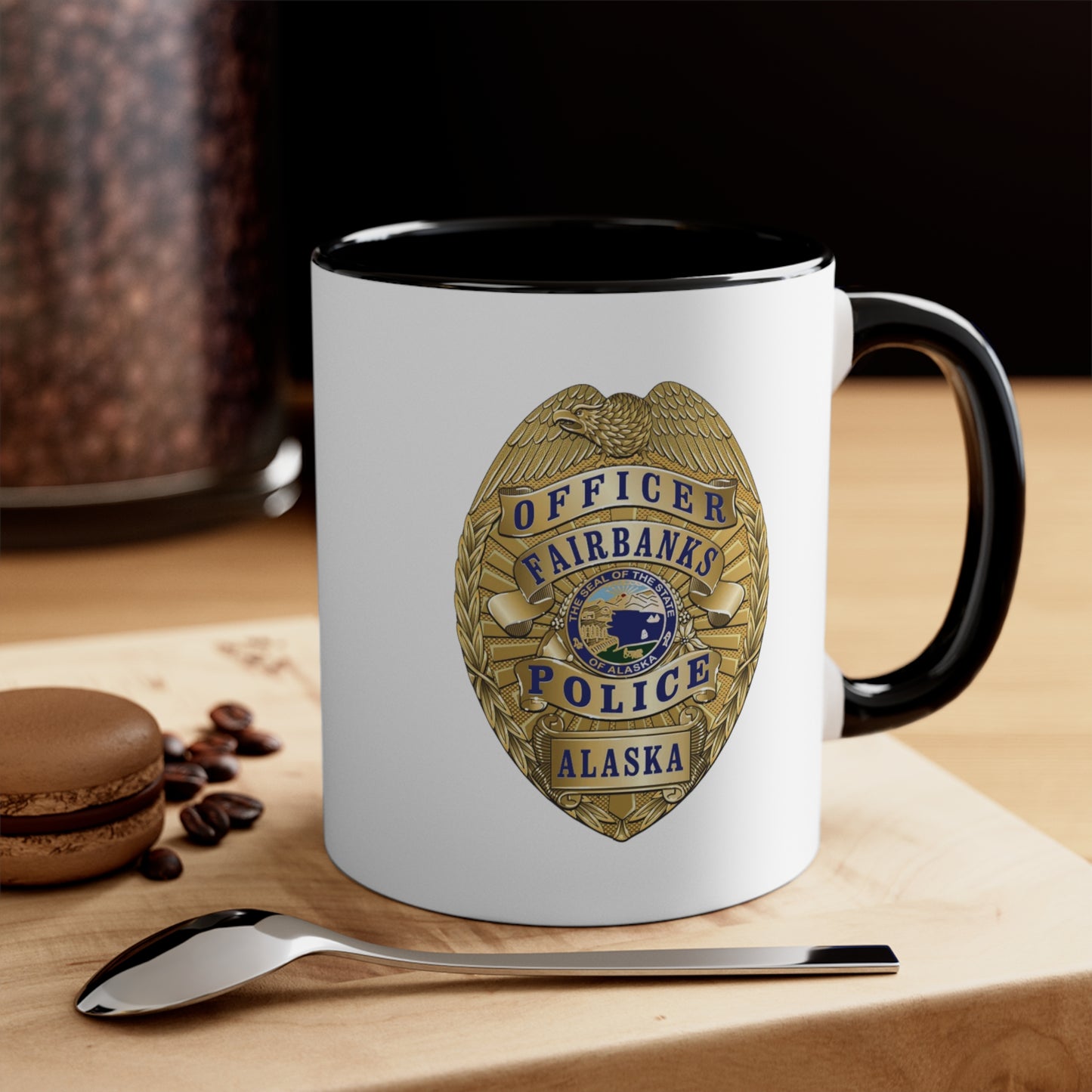 Fairbanks Police Badge Coffee Mug - Double Sided Black Accent White Ceramic 11oz by TheGlassyLass.com