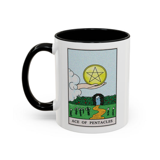 Ace of Pentacles Tarot Card Coffee Mug - Double Sided Print, Black Accent White Ceramic, 11oz by TheGlassyLass.com