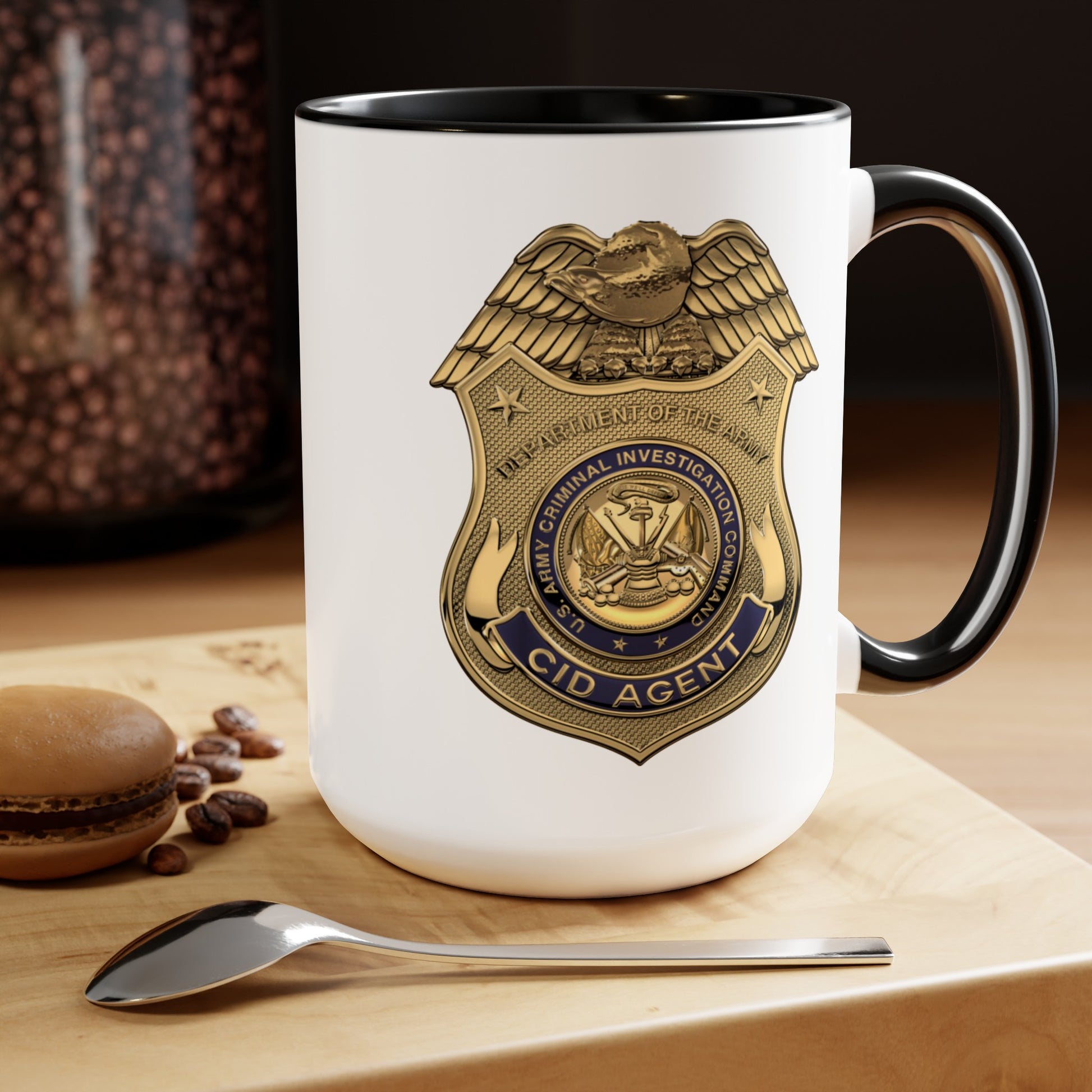 Army CID Agent Badge Coffee Mug - Double Sided Black Accent White Ceramic 15oz by TheGlassyLass.com