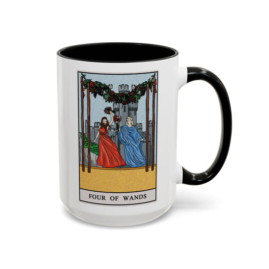 Four of Wands Tarot Card Coffee Mug - Double Sided Black Accent White Ceramic 15oz by TheGlassyLass.com