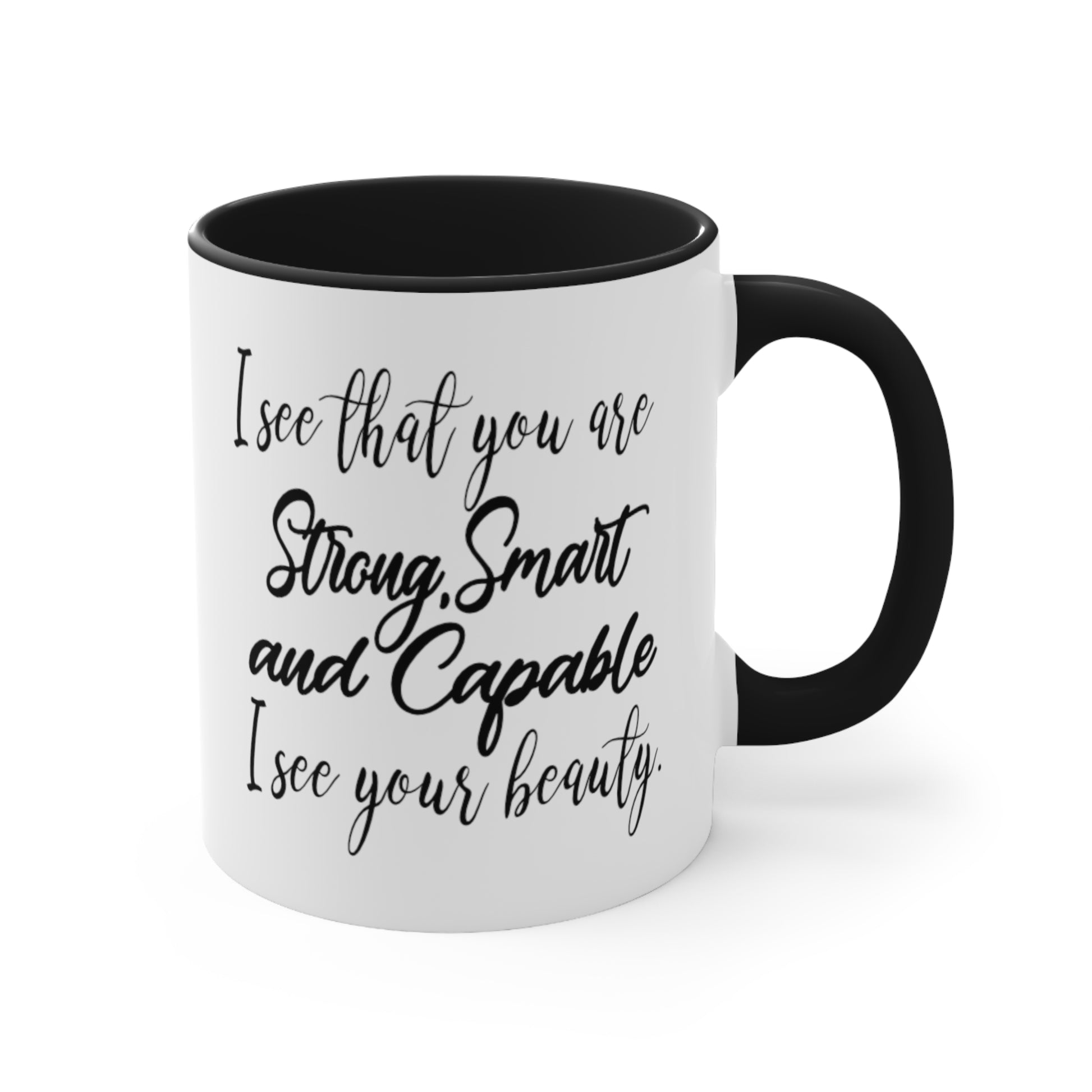 Smart Strong Capable Coffee Mug - Double Sided Black Accent White Ceramic 11oz by TheGlassyLass.com