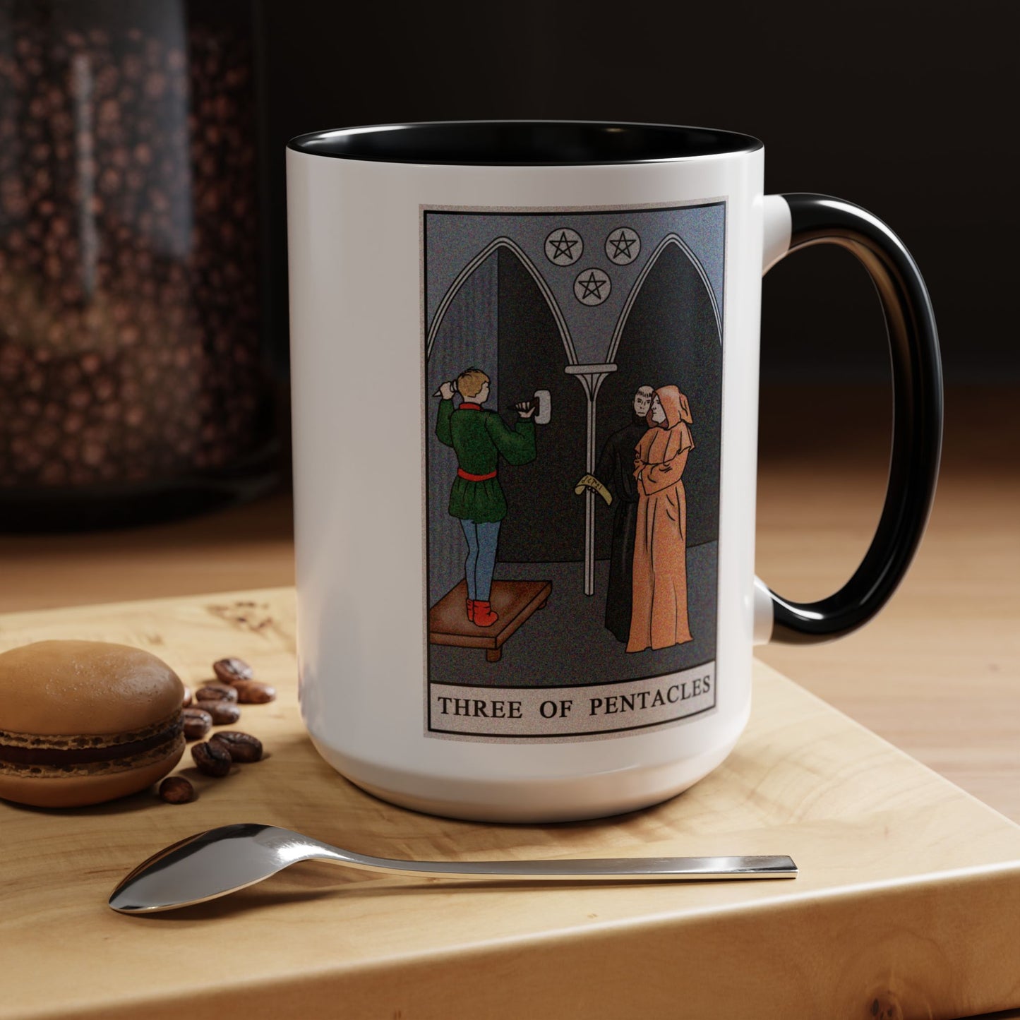 Three of Pentacles Tarot Card Coffee Mug - Double Sided Black Accent White Ceramic 15oz by TheGlassyLass.com