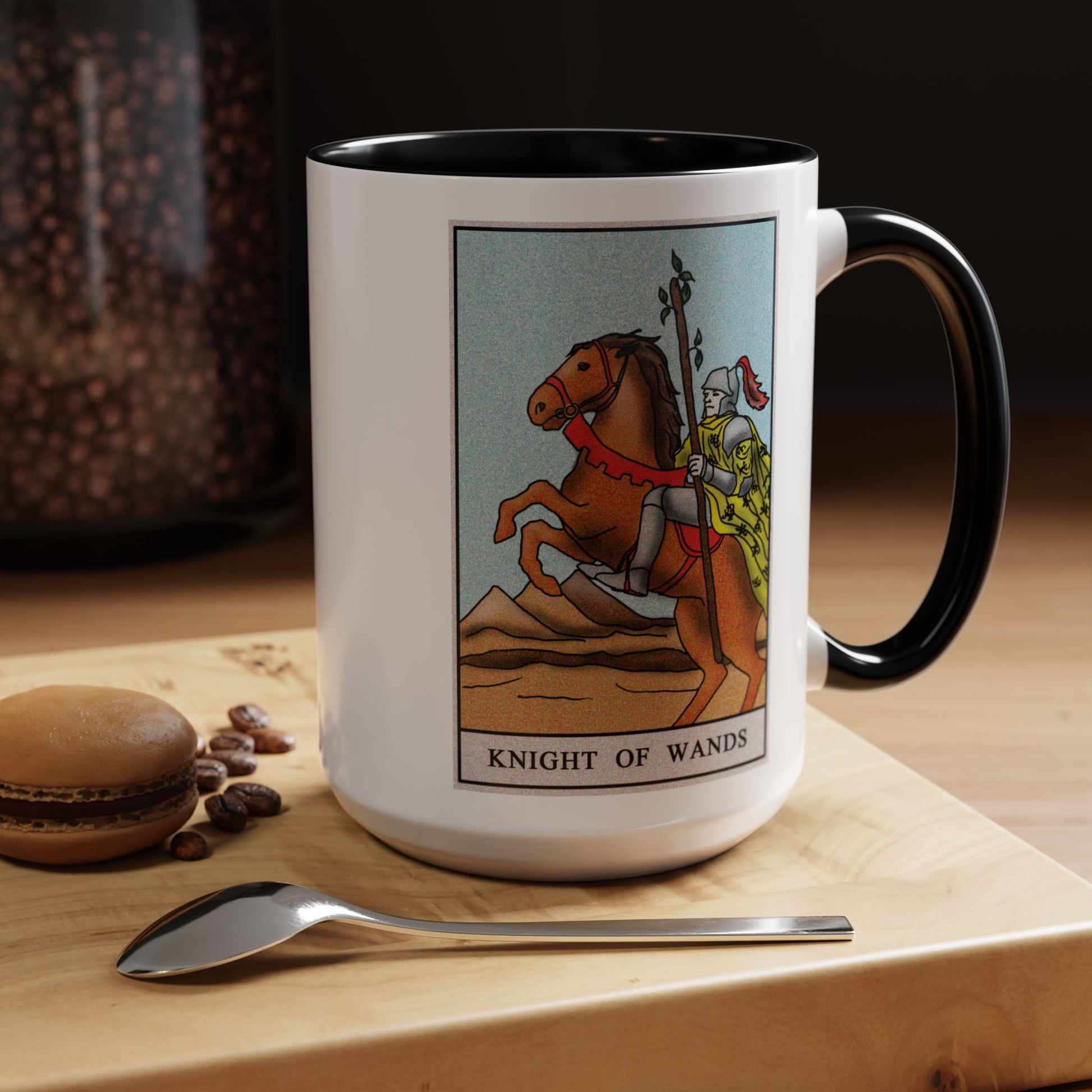 Knight of Wands Tarot Card Coffee Mug - Double Sided Black Accent White Ceramic 15oz by TheGlassyLass.com