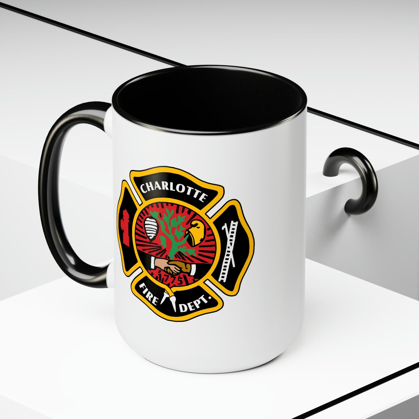 Charlotte Fire Department Coffee Mug - Double Sided Black Accent White Ceramic 15oz by TheGlassyLass