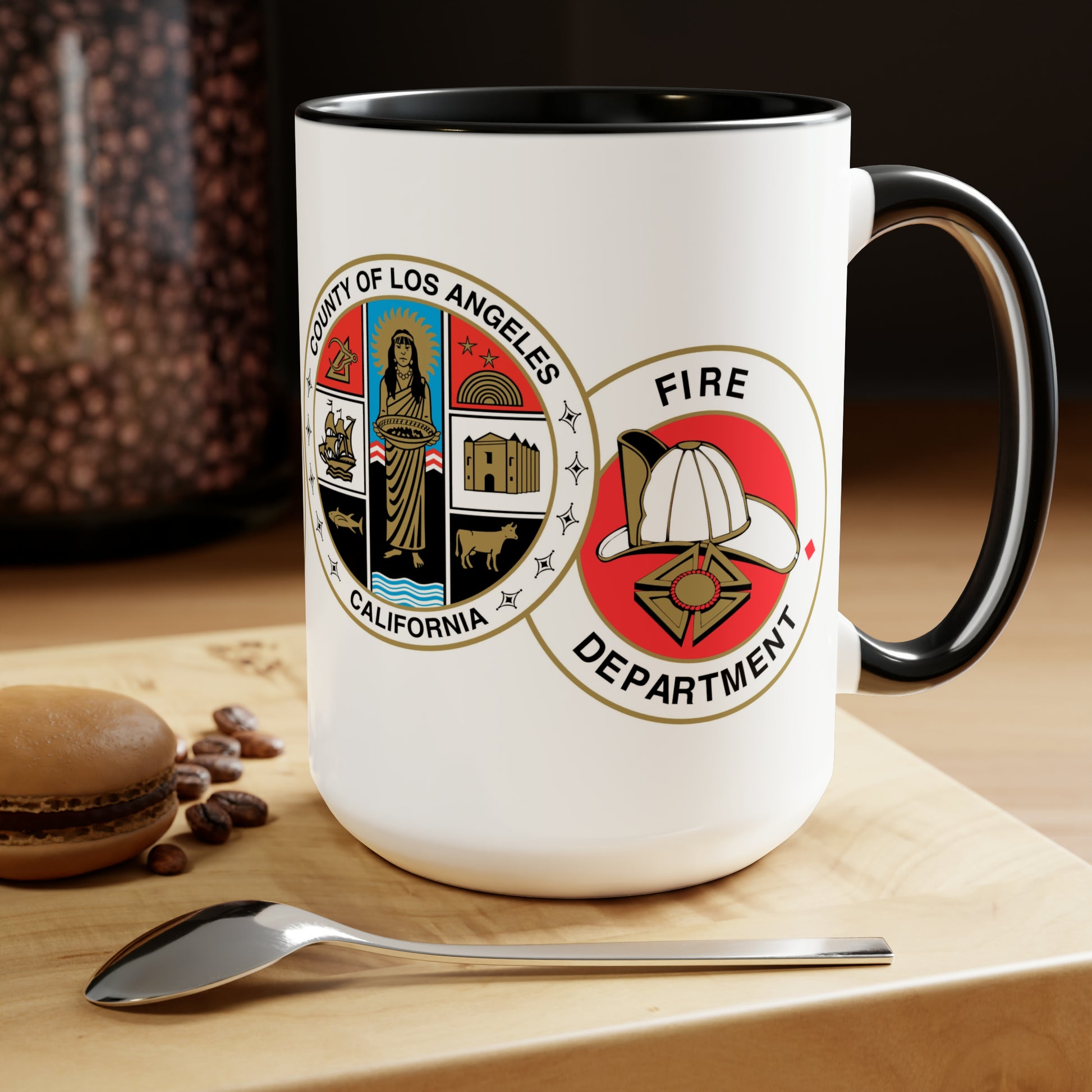 LA County Fire Department Coffee Mug - Double Sided Print Black Accent Two-Tone White Ceramic 15oz by TheGlassyLass.com