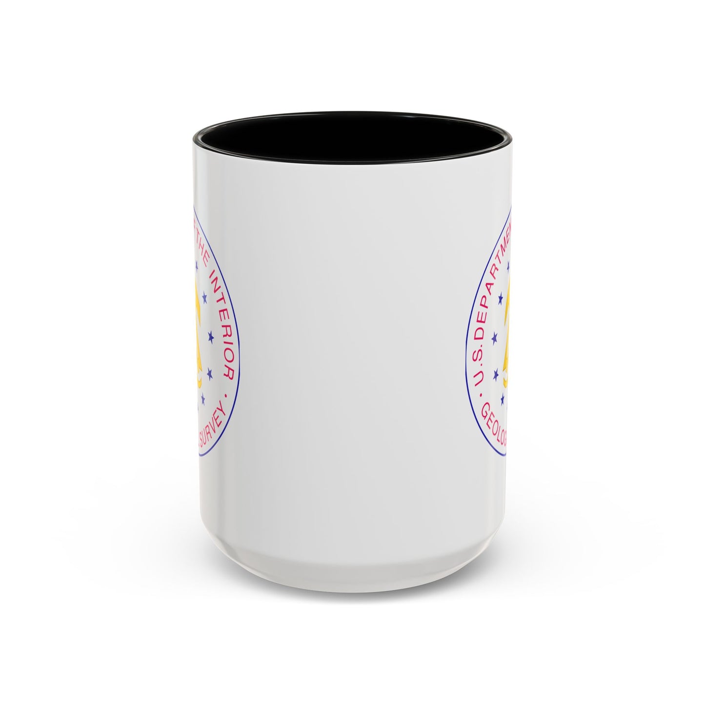 US Department of the Interior Geological Survey Coffee Mug - Double Sided Print, Black Accent White Ceramic, 15oz by TheGlassyLass.com