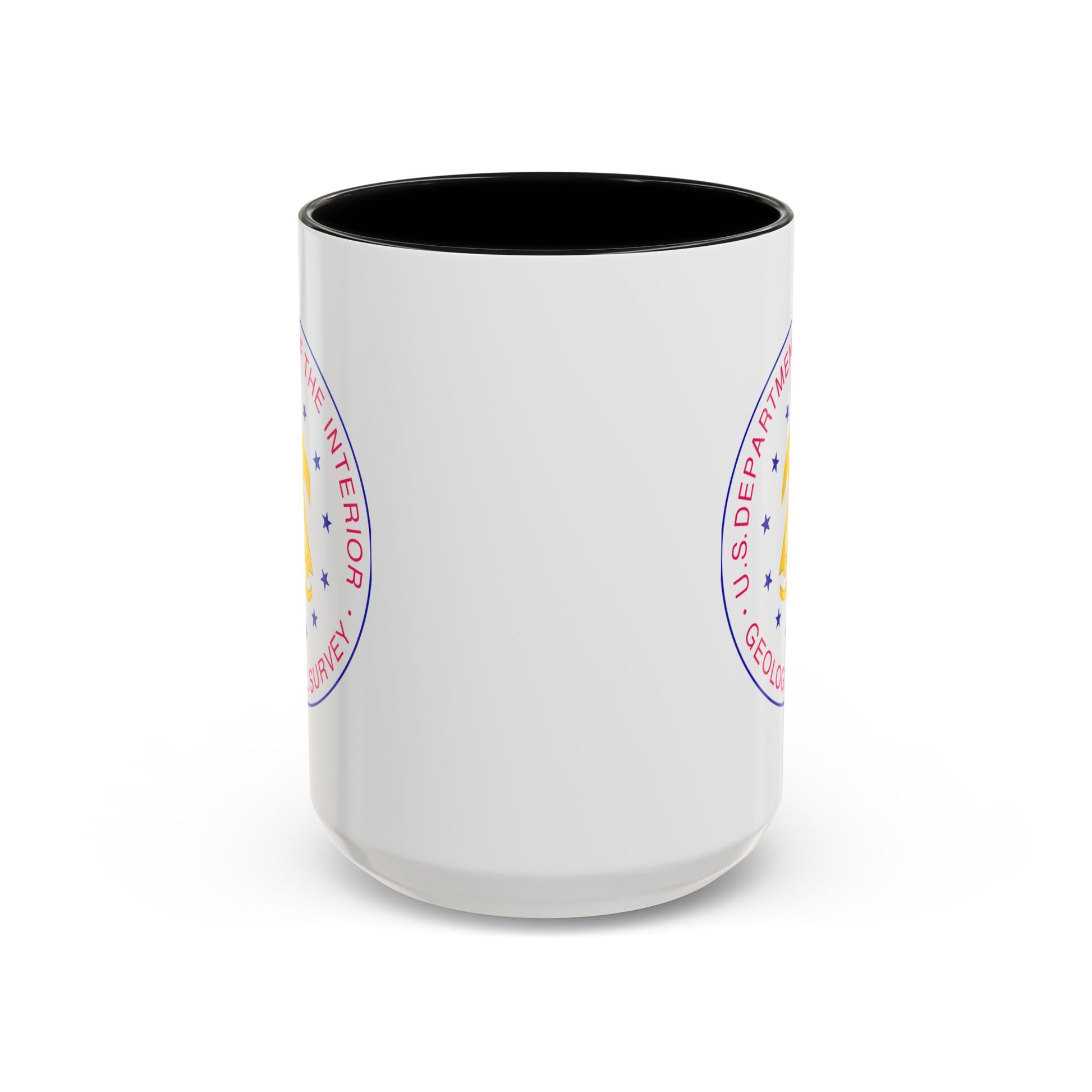 US Department of the Interior Geological Survey Coffee Mug - Double Sided Print, Black Accent White Ceramic, 15oz by TheGlassyLass.com