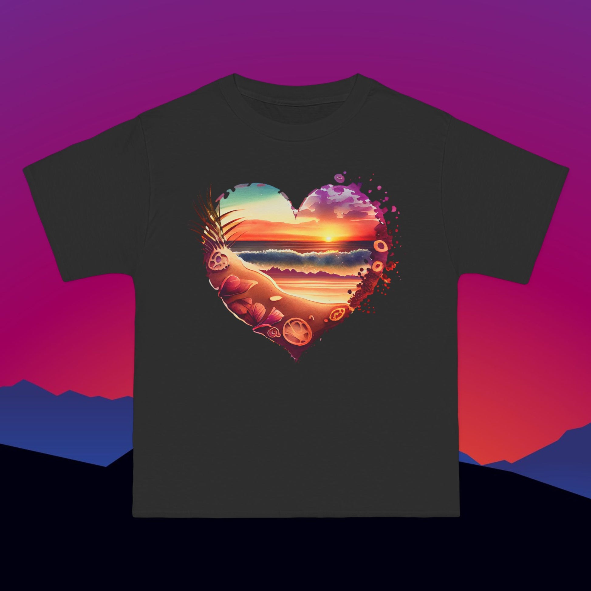 Beach Heart Travel T-Shirt: (Hanes Beefy-T 100% Preshrunk Cotton) Custom Printed by TheGlassyLass.com