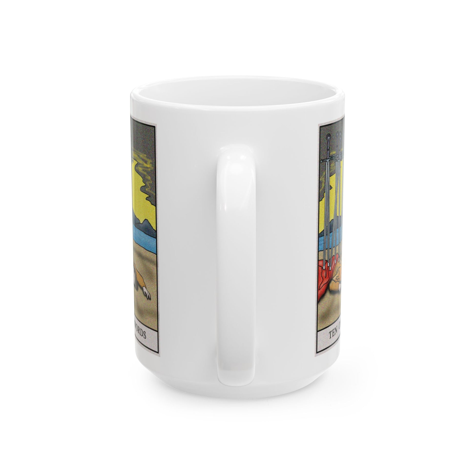 Ten of Swords Tarot Card Coffee Mug - Double Sided White Ceramic 15oz by TheGlassyLass.com
