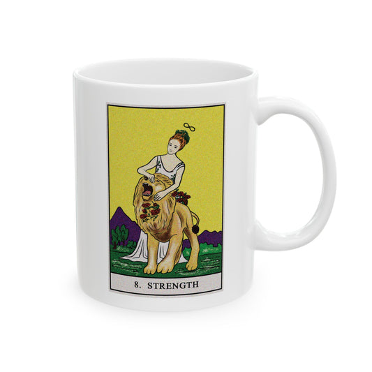 Strength Tarot Card Coffee Mug - Double Sided Print, White Ceramic, 11oz by TheGlassyLass.com