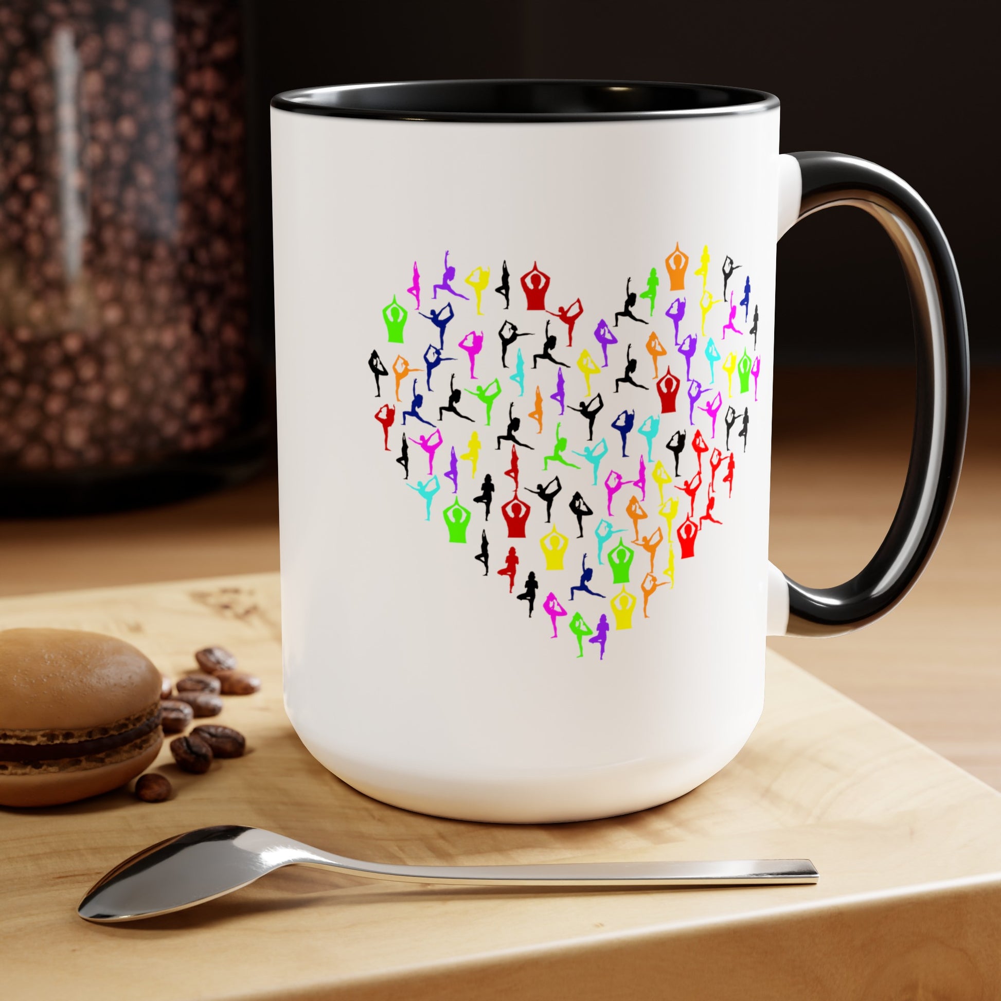 Rainbow Heart Yoga Coffee Mug - Double Sided Black Accent White Ceramic 15oz by TheGlassyLass.com