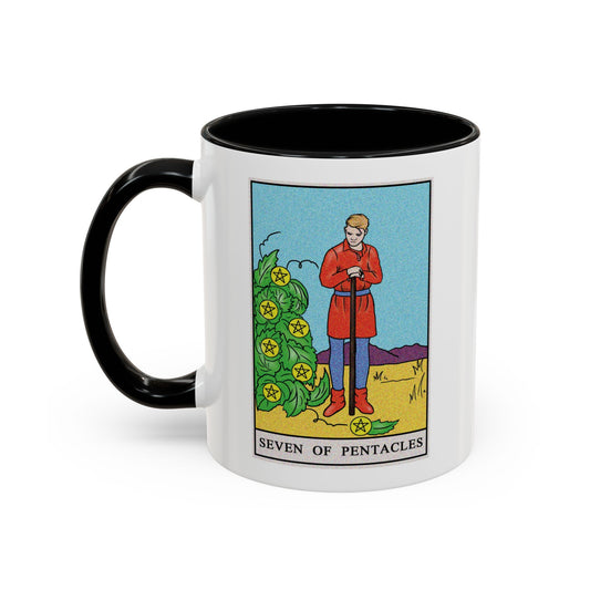 ﻿Seven of Pentacles Tarot Card Coffee Mug - Double Sided Print, Black Accent White Ceramic, 11oz by TheGlassyLass