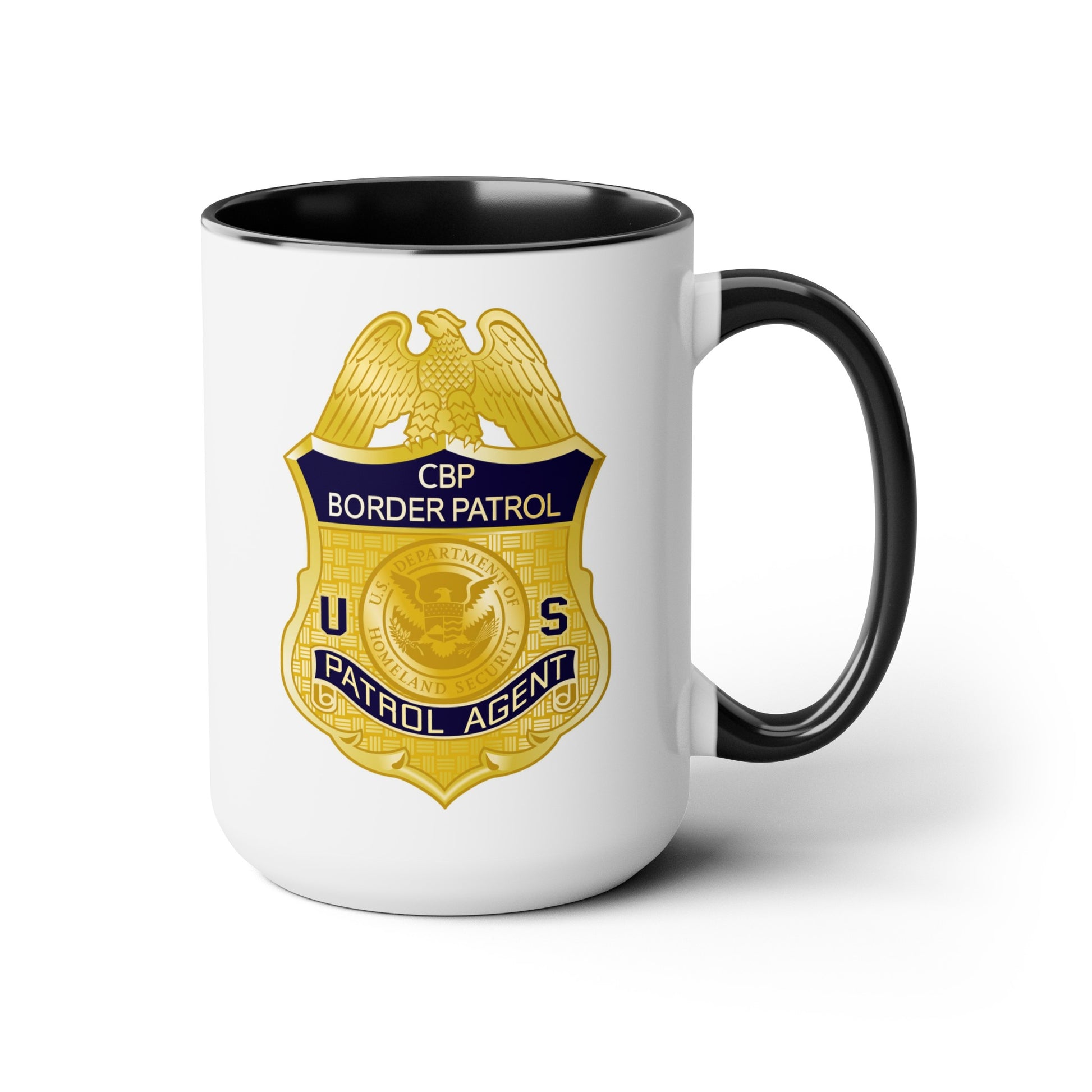 US CBP Patrol Agent Badge Coffee Mug - Double Sided Black Accent White Ceramic 15oz by TheGlassyLass.com