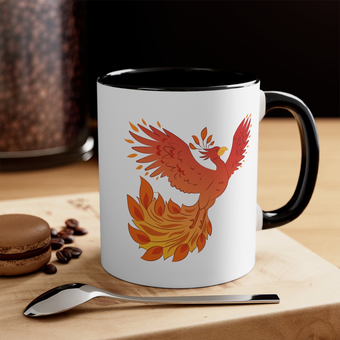 Phoenix Rising Coffee Mug - Double Sided Black Accent White Ceramic 11oz by TheGlassyLass.com