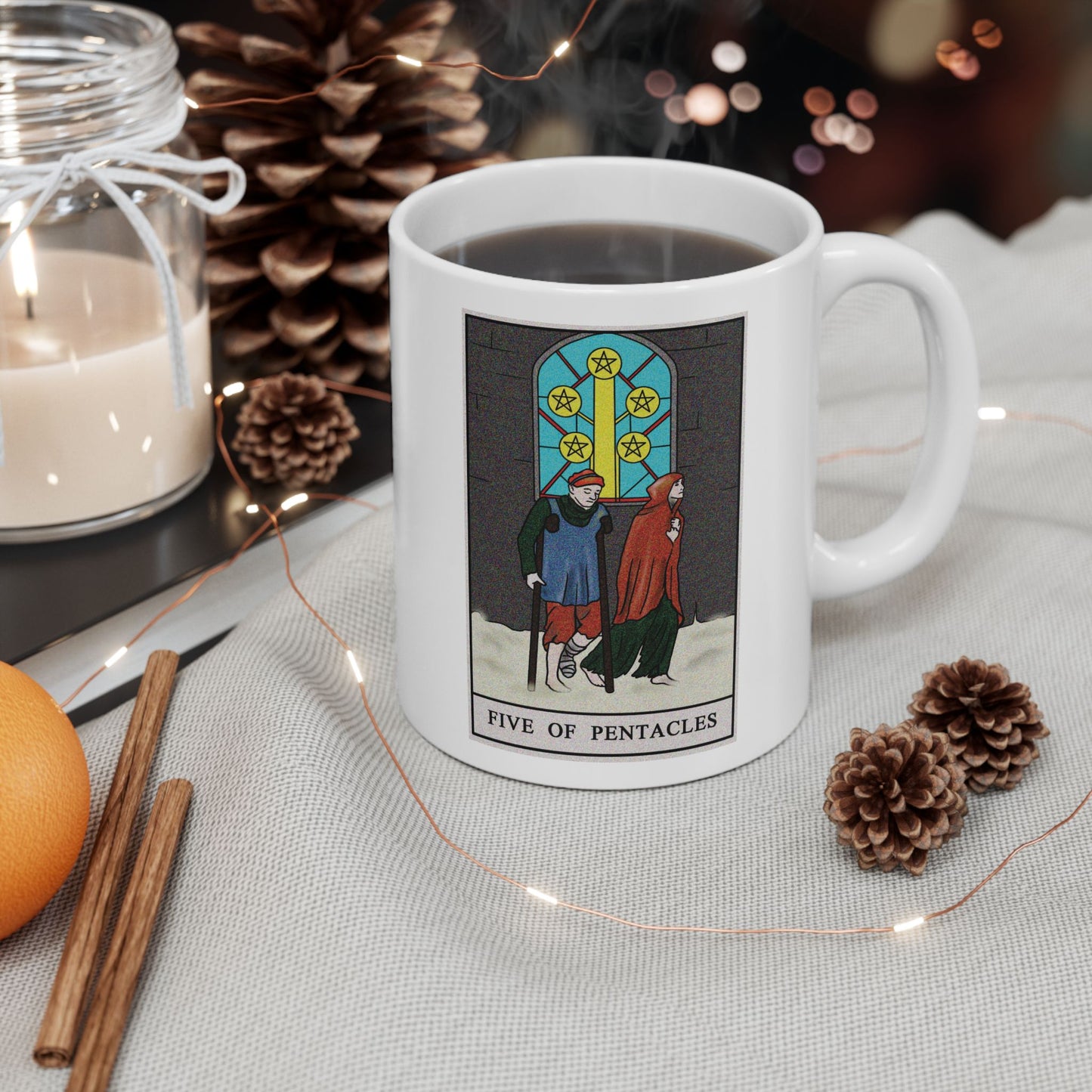 Five of Pentacles Tarot Card Coffee Mug - Double Sided Print, White Ceramic, 11oz by TheGlassyLass.com