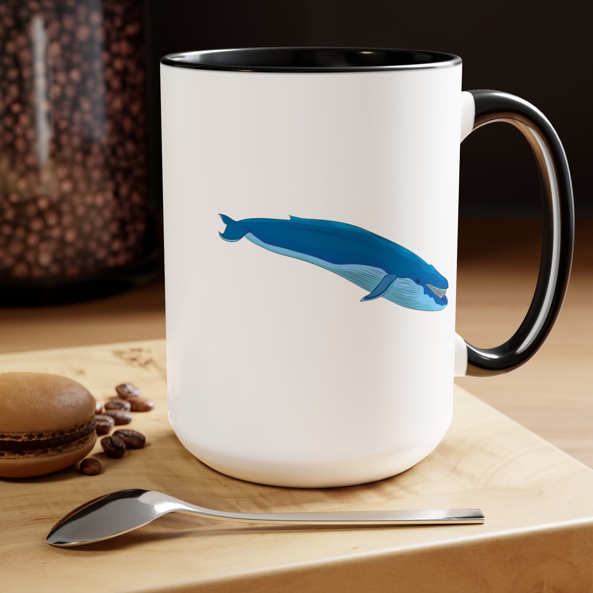 Blue Whale Coffee Mugs - Double Sided Black Accent White Ceramic 15oz by TheGlassyLass.com