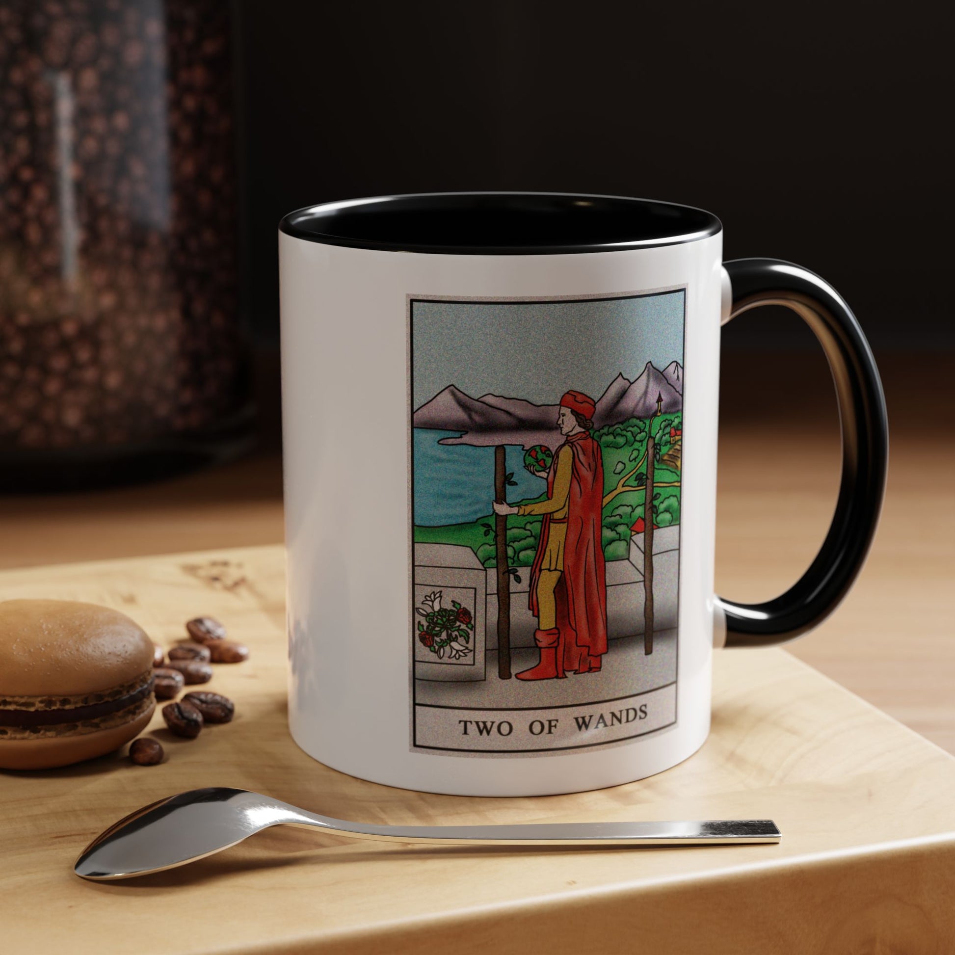 Two of Wands Tarot Card Coffee Mug - Double Sided Print, Black Accent White Ceramic, 11oz by TheGlassyLass.com