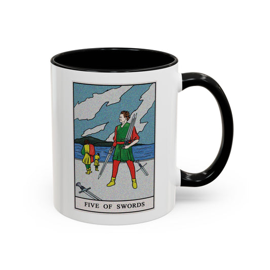 Five of Swords Tarot Card Coffee Mug - Double Sided Print, Black Accent White Ceramic, 11oz by TheGlassyLass.com