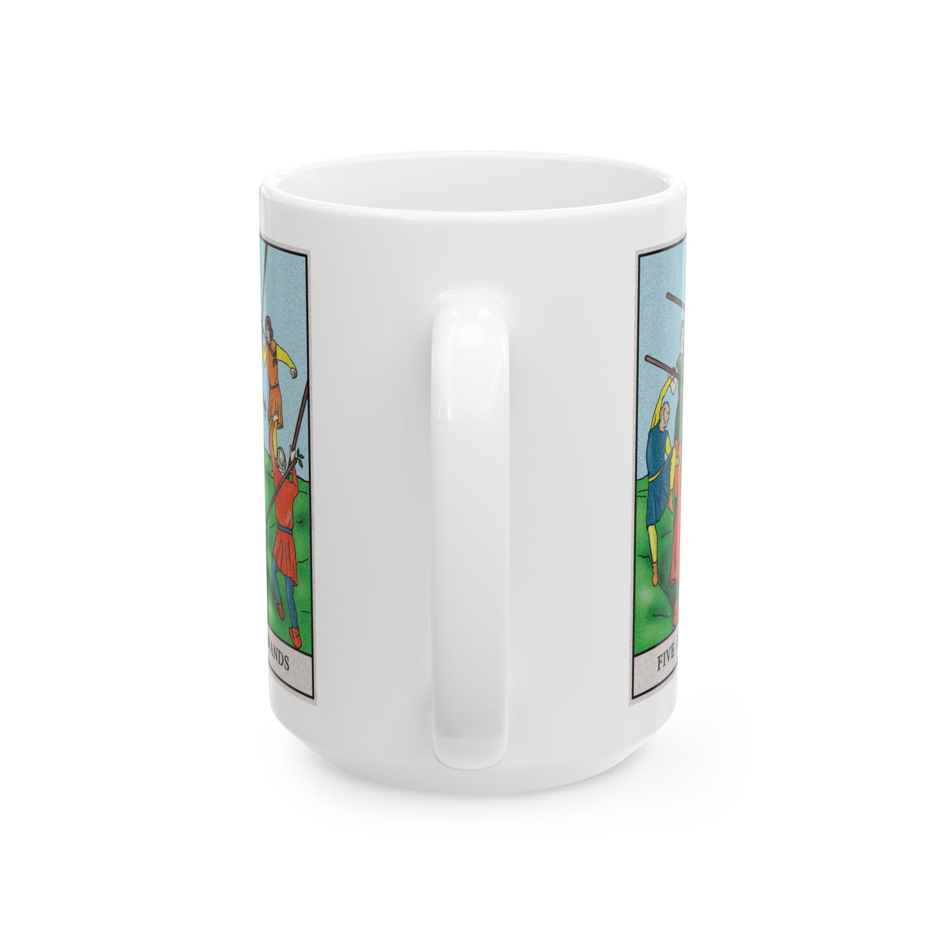 Five of Wands Tarot Card Coffee Mug - Double Sided White Ceramic 15oz by TheGlassyLass.com