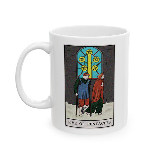 Five of Pentacles Tarot Card Coffee Mug - Double Sided Print, White Ceramic, 11oz by TheGlassyLass.com