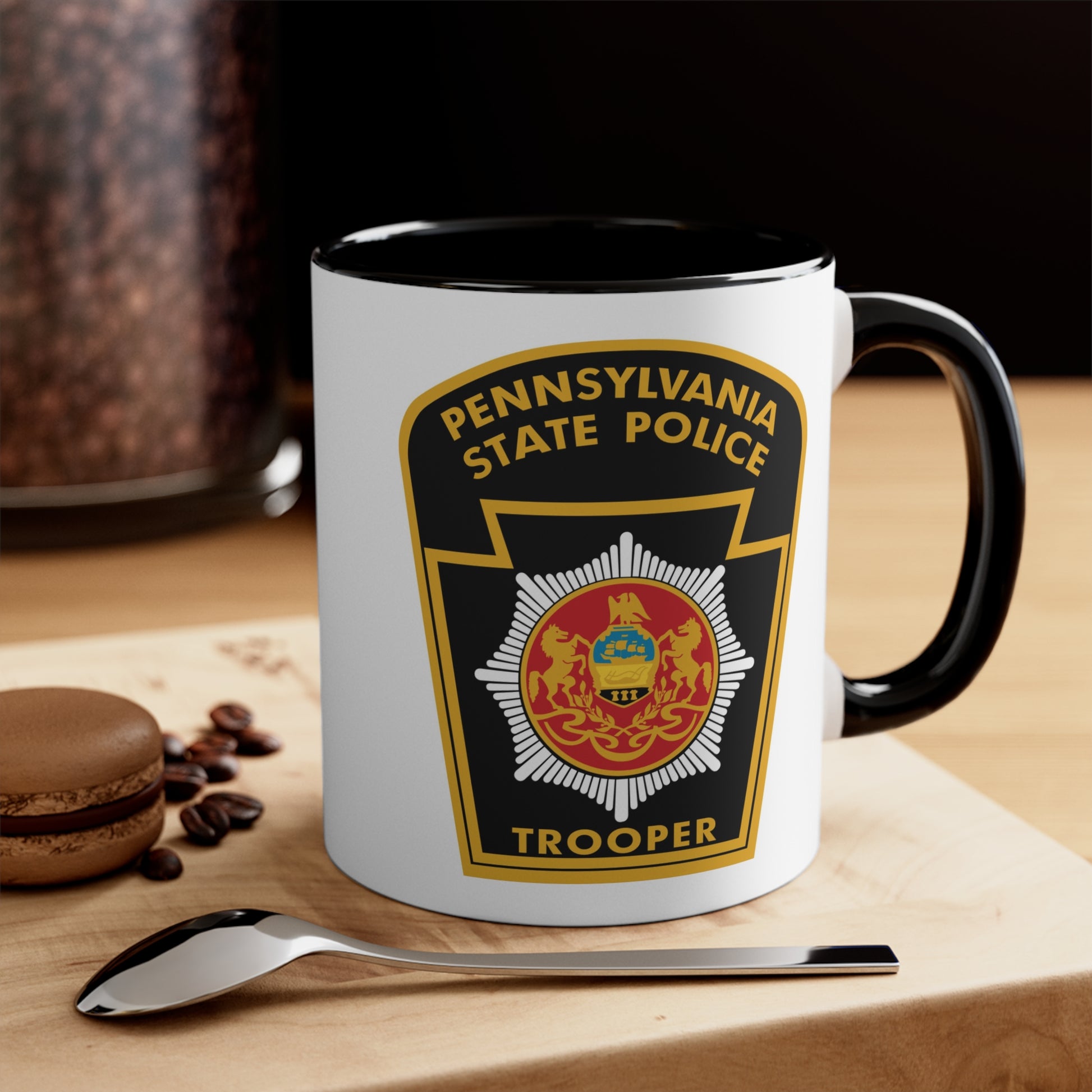 Pennsylvania State Police Trooper Coffee Mug - Double Sided Black Accent White Ceramic 11oz by TheGlassyLass