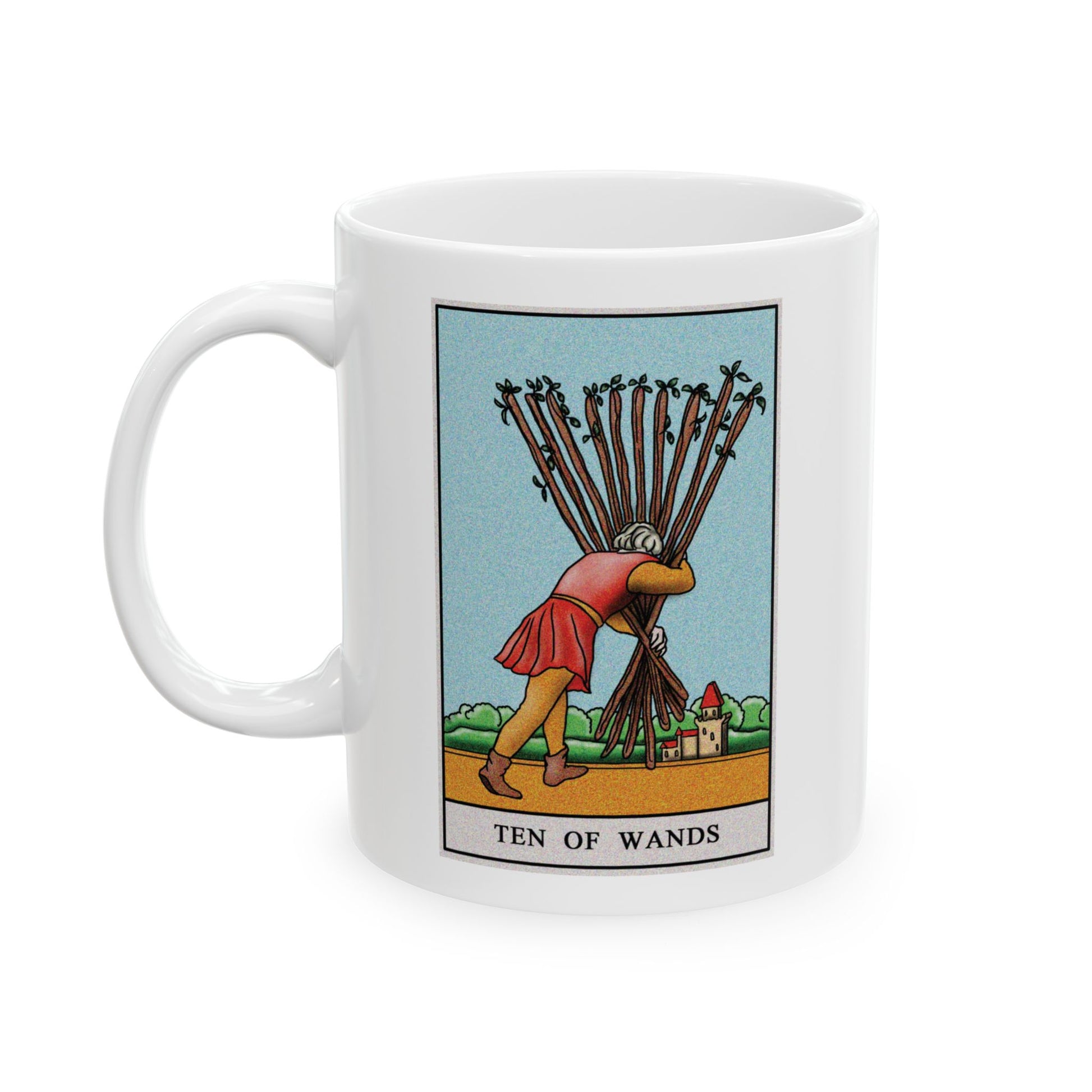 Ten of Wands of Wands Tarot Card Coffee Mug - Double Sided Print, White Ceramic, 11oz by TheGlassyLass.com