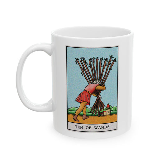 Ten of Wands of Wands Tarot Card Coffee Mug - Double Sided Print, White Ceramic, 11oz by TheGlassyLass.com